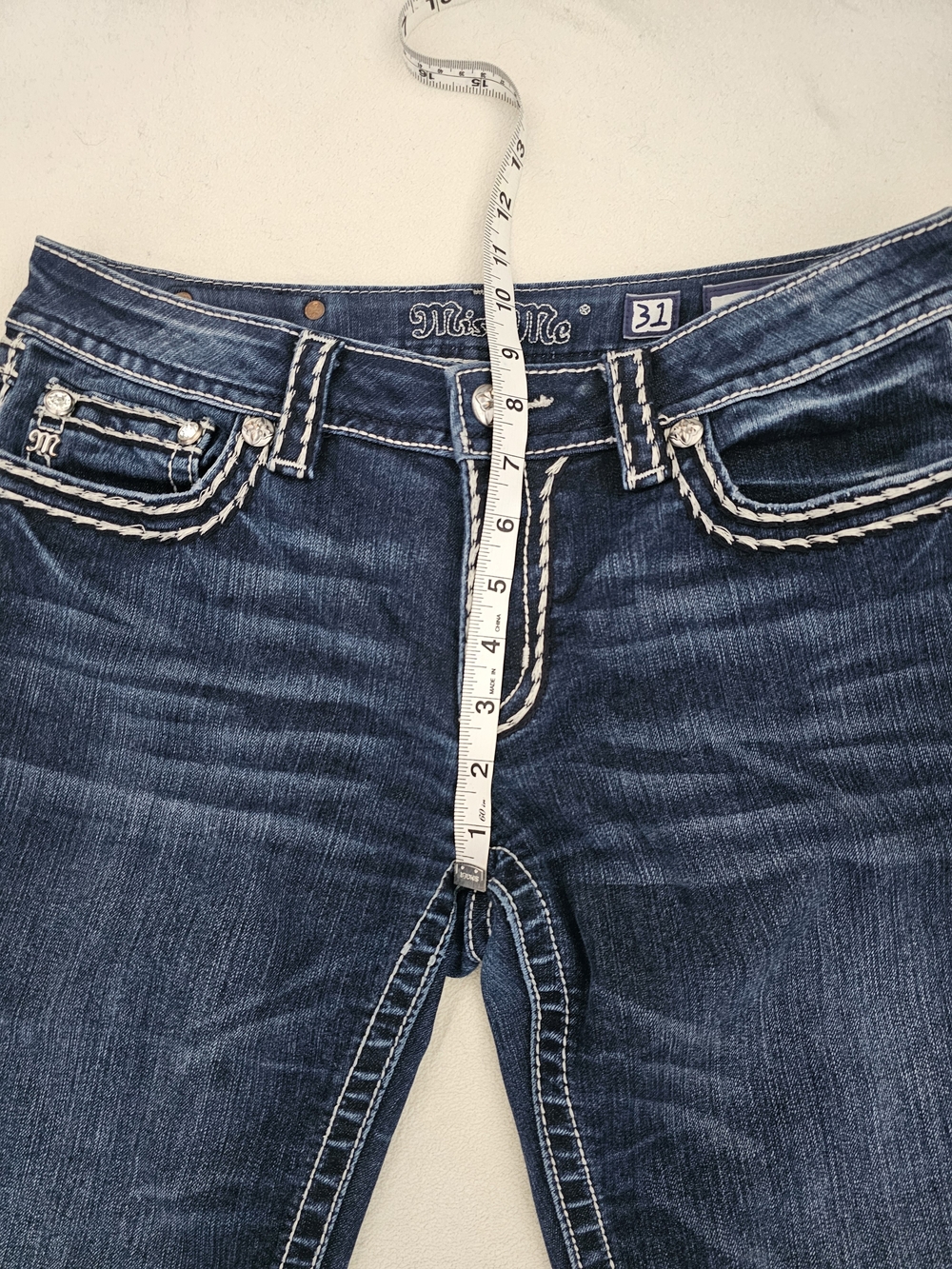 MissMe Wms Loose Saddle Stitch Border Bootcut Low-Rise Stretch Indigo Blue Sz 31 - Picture 6 of 16